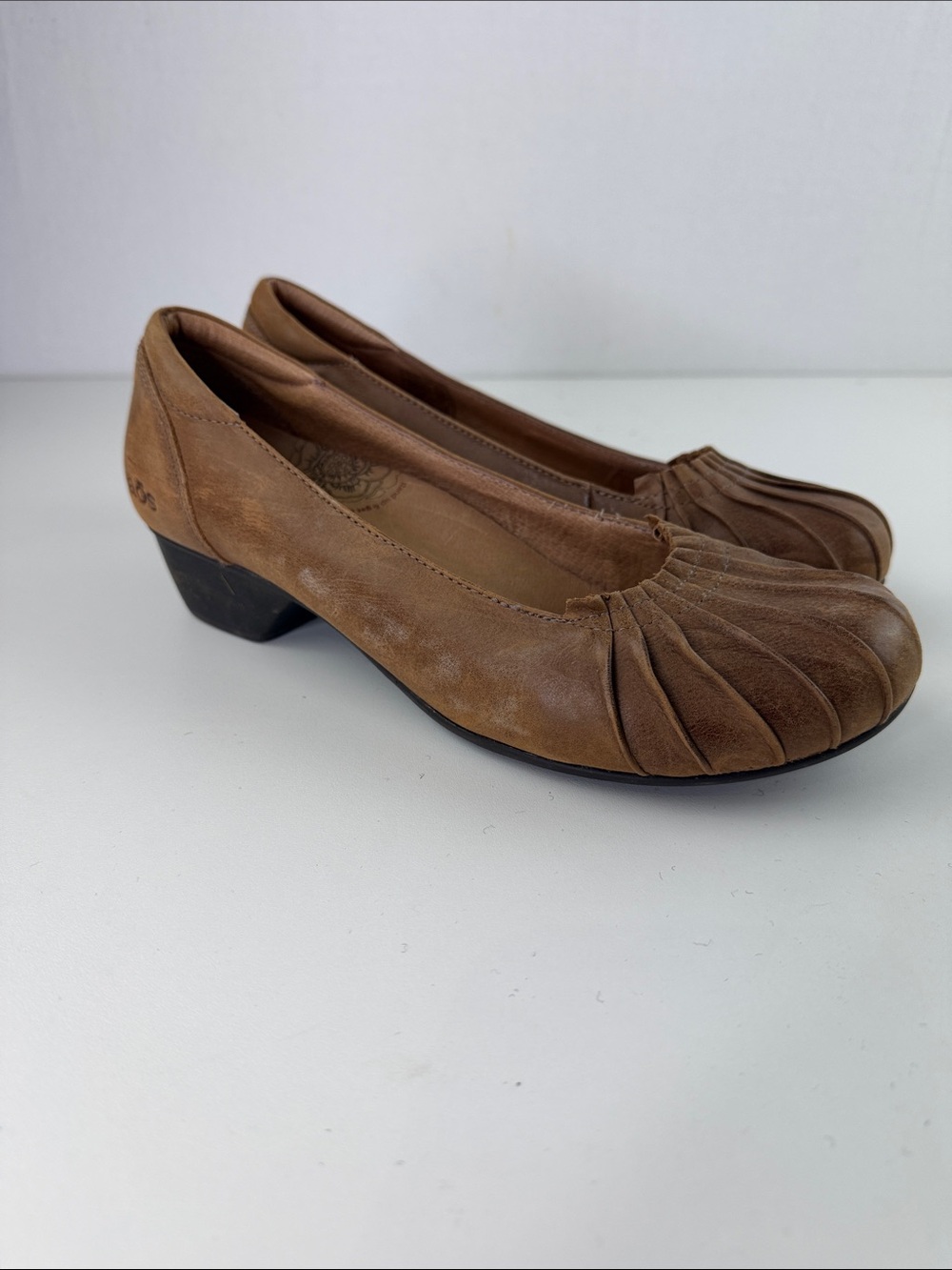Taos Tan Leather Comfort Slip-on Low Block Heel Pumps